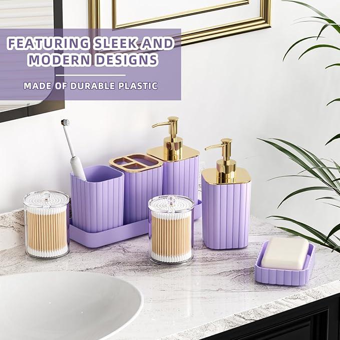 XLHOMO Bathroom Accessories Set - 25PC Bathroom Sets with Shower Curtain and Rugs, Purple Bathroom Set with Trash Can, Soap Dispenser, Soap Dish & Toilet Brush - ModernBath