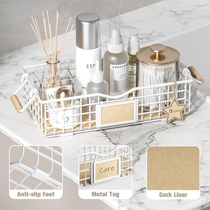 Bathroom Organizers and Storage, 4 Pack Storage Baskets for Shelves, Multipurpose Bins Organizer with Wooden Handles, Decorative Organizer Baskets Set for Bathroom, Laundry, Living Room - White - ModernBath