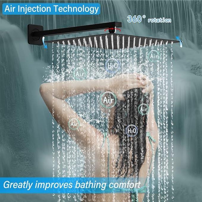 YCAIKOI Shower Faucet Set Complete, Wall Mount Shower System for Bathroom 12 Inch High-Pressure Rainfall Shower with Handheld, Rough-in Valve Body and Trim Kit, Matte Black - ModernBath