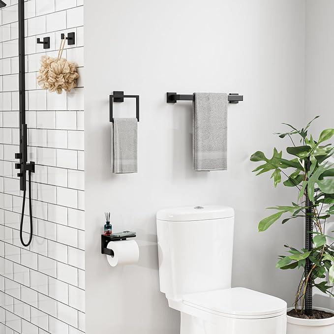 Bubxo 5-Pieces Matte Black Bathroom Hardware Set, 16 Inch Bathroom Towel Bar Set, SUS304 Stainless Steel Bathroom Hardware Accessories Set, Towel Racks for Bathroom Wall Mounted - ModernBath