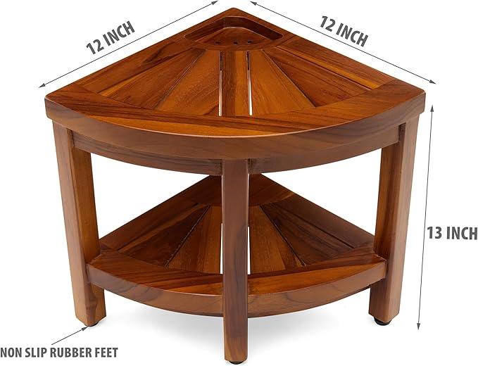 TeakCraft Corner Teak Shaving & Foot Rest with Shelf, 12" Fully Assembled, The Tilos - ModernBath