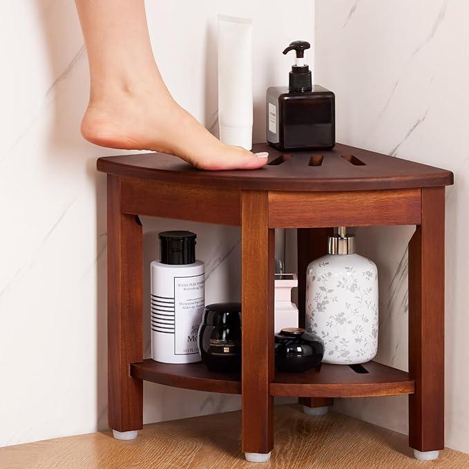HouseJoy Corner Shower Bench with Shelf, Corner Shower Stool for Shaving Legs, Shower Foot Rest Waterproof Bathroom Bench -Bath Seat, Spa Foot Rest Shaving Stool Corner - ModernBath