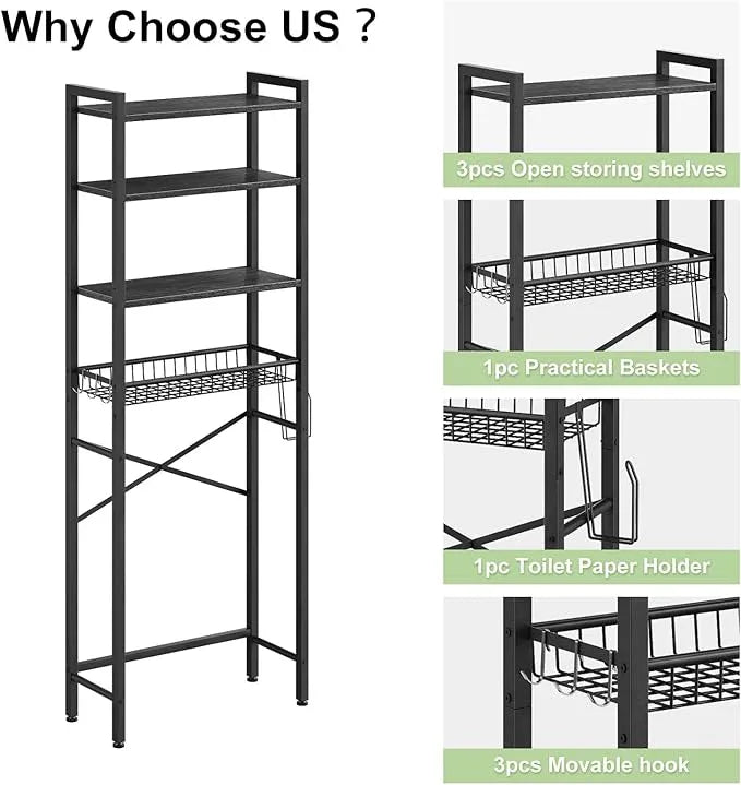 Over-The-Toilet Storage Rack, 4-Tier Bathroom Organizer Shelf Over Toilet with Adjustable Shelf and Basket, Freestanding Space Saver Bathroom Shelves Above Toilet for Room (Pure Black) - ModernBath