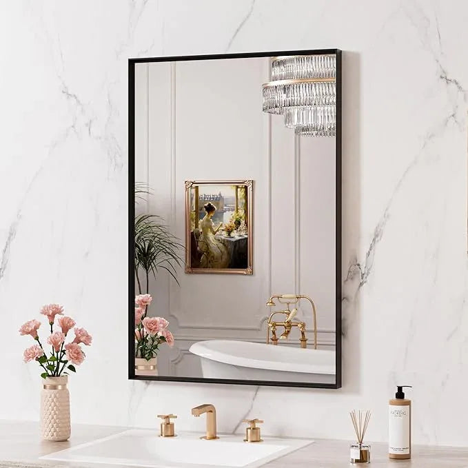 LOAAO Black Bathroom Mirror 28"X32" for Wall, Rectangle Bathroom Vanity Mirror, Hangs Vertically or Horizontally, Easy to Install, Modern Design - ModernBath