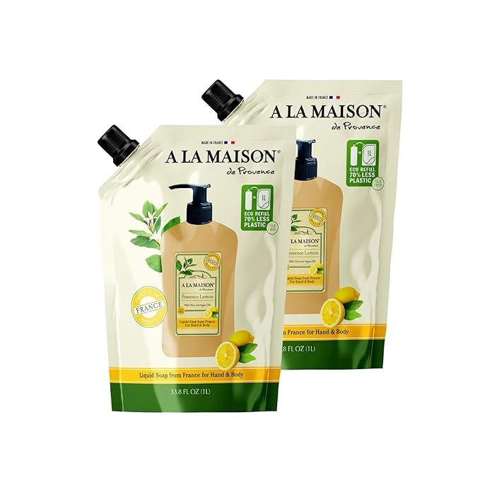 A LA MAISON French Liquid Hand Soap RefilL - Natural Hand Wash Made with Essential Oils - Biodegradable, Plant-Based, Vegan, Cruelty-Free (33.8 Fl Oz Pouch, 2 Pack, Provence Lemon) - ModernBath