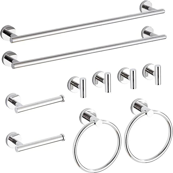 Chrome Bathroom Hardware Set 10 Piece with Towel Racks for Bathroom, SUS304 Stainless Steel Bath Towel Bar Set, 24 Inch Wall Mounted Accessories Kit - ModernBath