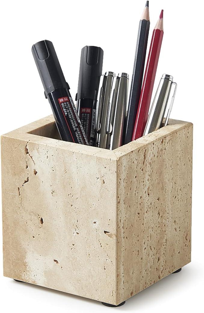 Real Natural Travertine Marble Toothbrush Holder & Pen Holder & Makeup Brush Holder & Utensil Holder, Genuine Stone Rectangular Bathroom Tumbler Cup, Durable Office & Home Countertop Organizer - ModernBath