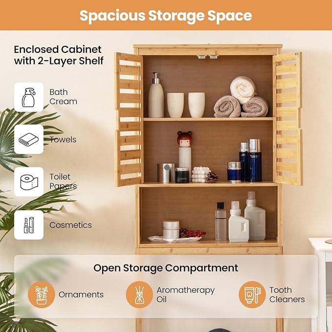 Giantex Over The Toilet Storage Cabinet, 3-Tier Bamboo Bathroom Space Saver with 2 Louver Doors, Open Shelf, Adjustable Bottom Bar, Over Toilet Bathroom Organizer for Laundry, Balcony, Restroom - ModernBath