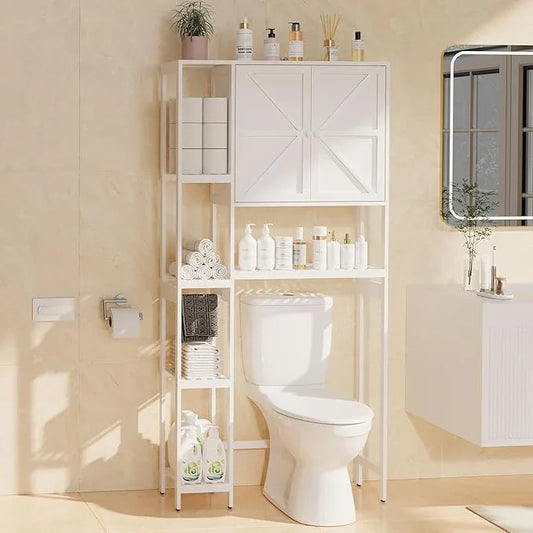 Bamboo Over The Toilet Storage, Above Toilet Organizer Storage Shelf, Tall Freestanding Behind Toilet Rack, Tiered Bathroom Space Saver Shelving, Easy Assembly (White) - ModernBath