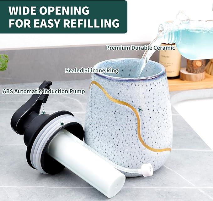 BosilunLife Automatic Foaming Soap Dispenser - Touchless Foam Hand Wash Dispenser for Bathroom Ceramic Smart Electric Auto Dish Soap Dispenser Waterproof, USB C Rechargeable, 17 oz, Speckled Blue - ModernBath