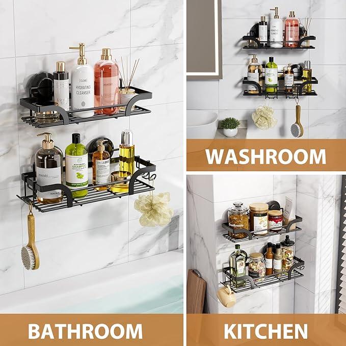 LEVERLOC Shower Caddy Suction Cup, 2 Pack Shower Shelves for Inside, Black Rustproof Metal Bathroom Storage NO-Drilling Bathroom Organizer with Large Capacity, Heavy Duty Storage Basket - ModernBath