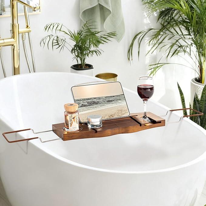 Teak Bathtub Tray Expandable Bathroom Tray for Home Spa Relaxation, Wooden Tray Caddy for Bathtub, Teak Bathtub Caddy as Unique Housewarming, Birthday, Wedding Shower Gifts. Light Walnut - ModernBath