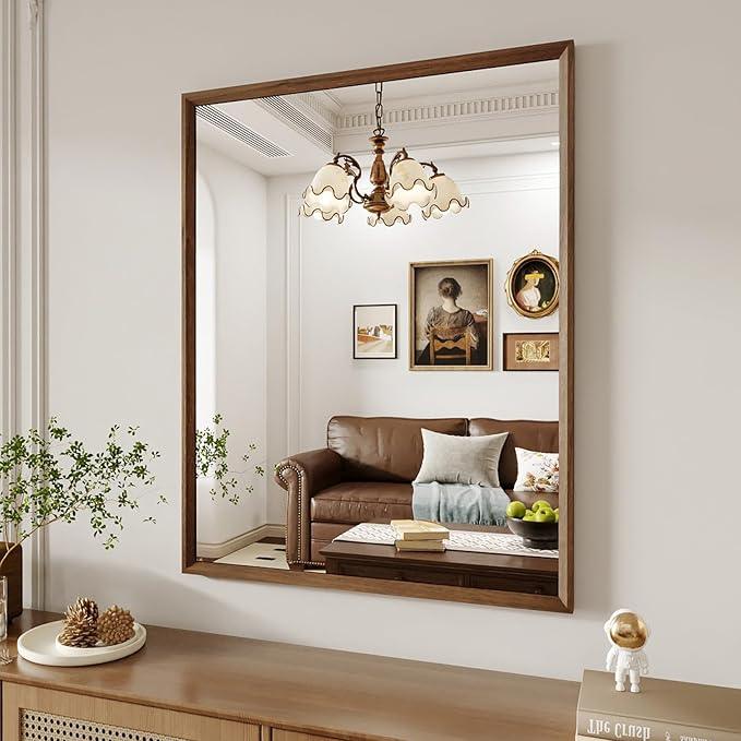 WEER Bathroom Mirror, 28x36 Inch Wall Mirror, Walnut Wood Grain Framed Mirror, Rectangle Vanity Mirror, Tempered Glass, Anti-Rust, Hangs Horizontally or Vertically - ModernBath