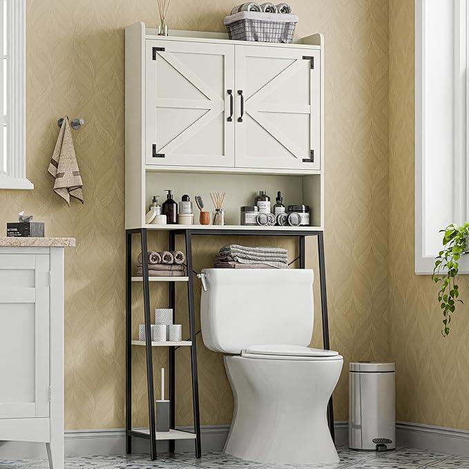Vabches Over The Toilet Storage Cabinet, Farmhouse Storage Cabinet Over Toilet with 2 Barn Door & Toilet Paper Holder Stand，Home Space-Saving Toilet Rack, for Bathroom, Restroom, Laundry - ModernBath