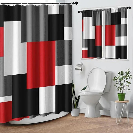 Culudea Geometric Red White Shower Curtain Set, Black and Gray Modern Bathroom Window Waterproof Shower Curtain Set for Bathroom Decor - ModernBath