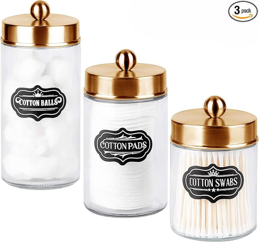 Apothecary Jars 3 Pack - Glass Bathroom Containers with Stainless Steel Lids - Rustic Farmhouse Decor Bathroom Accessories, Vanity Organizer Apothecary Jars for Qtip/Cotton Balls (Gold)