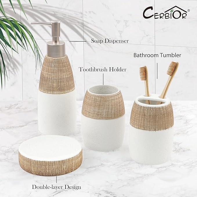 CERBIOR Bathroom Accessories Set,4 Pcs Ceramic Bathroom Decor Accessory,Includes Toothbrush Holder, Toothbrush Cup, Soap Dish for Decorative Countertop and Housewarming Gift, (Brown White) - ModernBath
