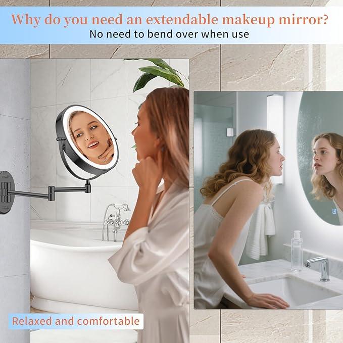 FUNTOUCH 9" 30X/1X Wall Mounted Lighted Makeup Mirror, 5000mAh Rechargeable Double Sided Magnifying Mirror with Adapter, 3 Color Lights,Touch Dimmable, 360 Rotation Extended Arm for Bathroom,Black - ModernBath