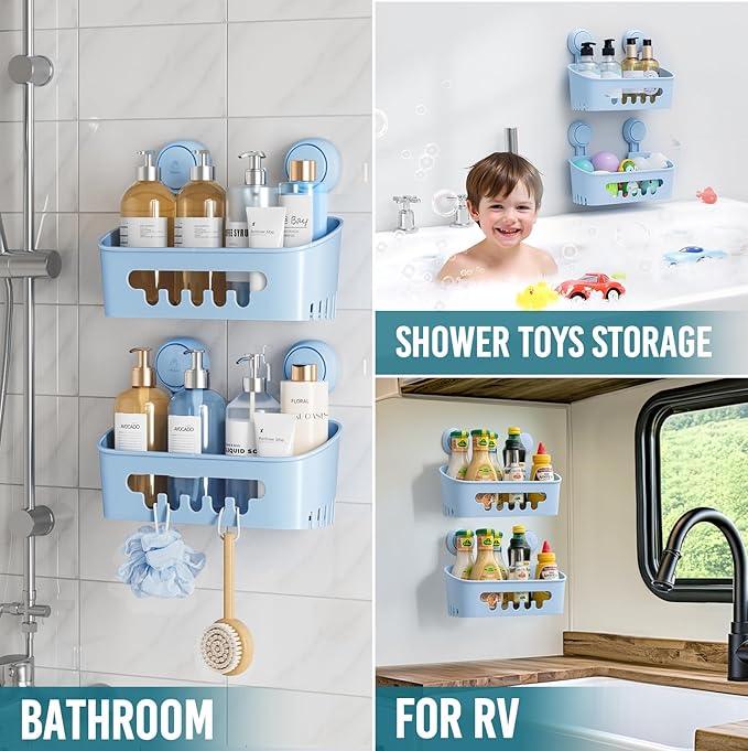 TAILI Shower Caddy Suction Cup 2 Pack, Heavy Duty Bathroom Organizer, Removable Shelves for Inside Shower, Shampoo, Waterproof Suction Plastic Storage for Bathroom Accessories Holder, Blue - ModernBath