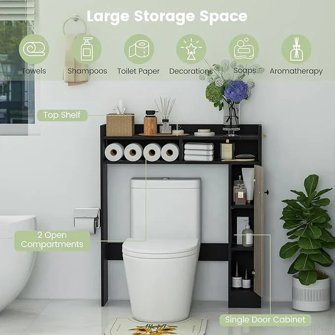 Giantex Over The Toilet Storage Cabinet, Freestanding Bathroom Organizer w/Single Door Cabinet & Open Shelves, Space-Saving Toilet Rack w/Adjustable Shelves for Laundry Room (Black+Oak) - ModernBath