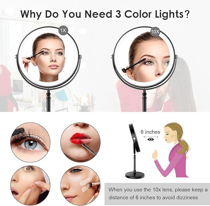 Lighted Makeup Mirror, 3000 mAh Rechargeable Double Sided Magnifying Vanity Mirror with 3 Colors, 1x/10x, 360° Rotation , Brightness Adjustable Magnification Cosmetic Light up Mirror, Women Gift - ModernBath