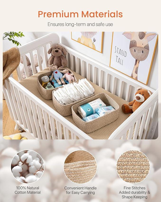 Small Woven Basket, 13.5 x 9.5 x 5 Inches, Storage Basket for Organizing, Cute Small Rope Shelf Closet Cube Storage Bins Baskets for Shelves, Dog Toy Gift Baskets Empty, 3 Packs, Mixed Brown - ModernBath