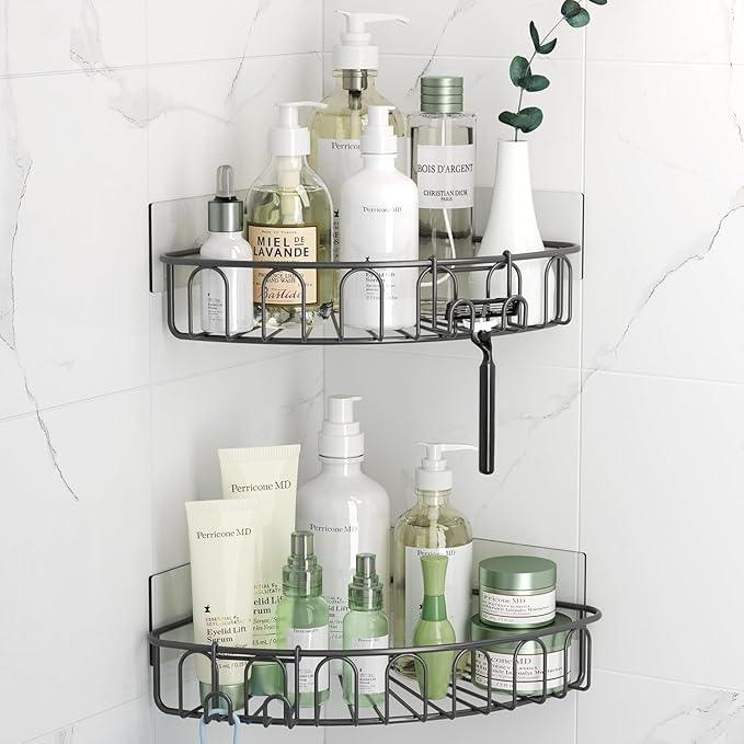 Orimade Corner Shower Caddy with 2 Hooks Wall Mounted Metal Bathroom Shelf Storage Organizer Adhesive No Drilling 2 Pack, Grey Only for 90-Degree Corner - ModernBath
