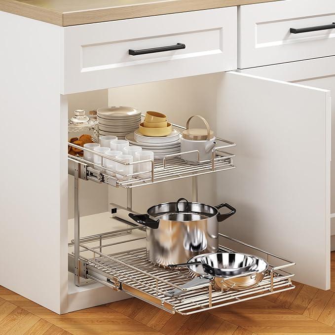 2 Tier Individual Pull Out Cabinet Organizer 22½" W x 21½" D, Heavy Duty Cabinet Pull Out Shelves, Slide Out Drawers Organization for Kitchen Cabinets Bathroom - ModernBath