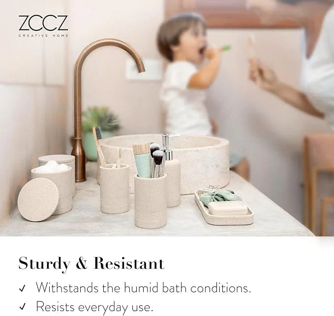 ZCCZ Beige Bathroom Accessories Set 6 Pieces - Toothbrush Holder, Lotion Dispenser, Qtip Container, Vanity Tray, Tumbler - Countertop Organizer for Bathrooms - Elegant and Functional Décor Set - ModernBath