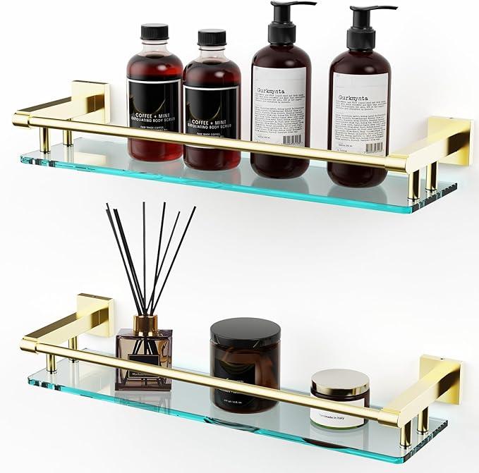 Glass Shelf for Bathroom, 20 Inch Tempered Glass with Brushed Gold Stainless Steel Railing, Floating Glass Shelves Sink Over Toilet Modern Bathroom - ModernBath