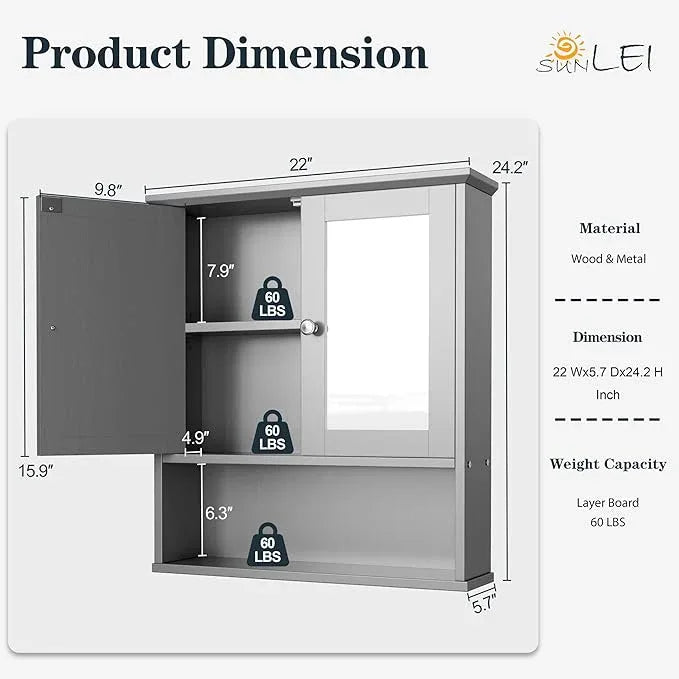 SUNLEI Bathroom Cabinet with Mirror, Wall Cabinet with 2 Mirrored Doors & Open Compartment Bathroom Cabinet Wall Mounted with Mirror Door (Ivory Grey) - ModernBath