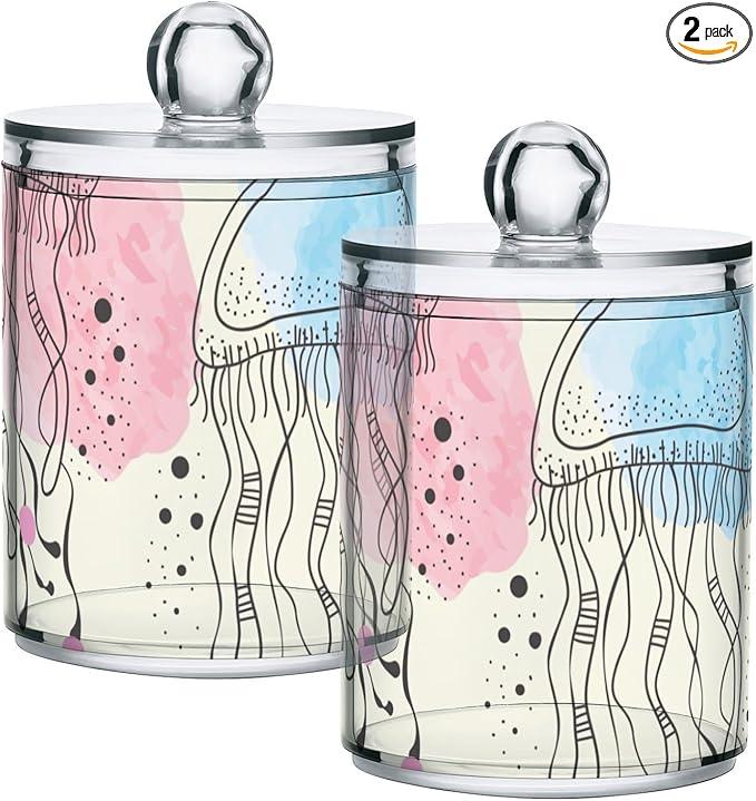 Tatenale Qtip Holder Bathroom Set Q tip Cotton Ball Swab Pad Dispenser Container Organizer Plastic Jars with Lids Storage 2Pack Ocean Jellyfish Beige - ModernBath