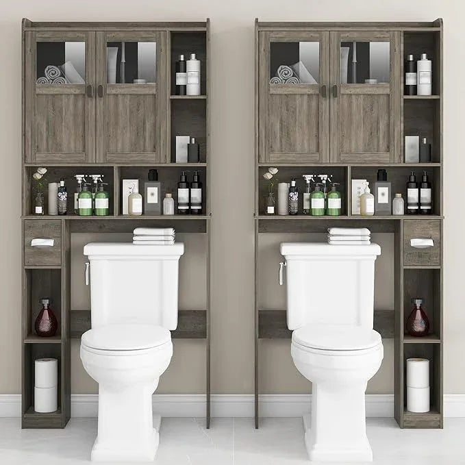 Vabches Over The Toilet Storage Cabinet, Bathroom Shelf Over Toilet with Glass Doors and Adjustable Shelves, Grey Freestanding Home Space Save Toilet Rack, for Restroom, Bathroom, Laundry - ModernBath