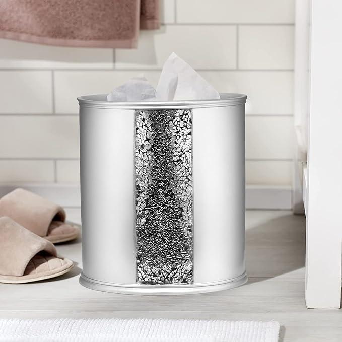 Zahari Home 2pc Sinatra Silver Modern Bath Accessories Set Waste Basket & Tissue Box Modern Classic Contemporary Decorative Beautiful Designs Bathroom Decor Set for Home Mosaic Glass - ModernBath