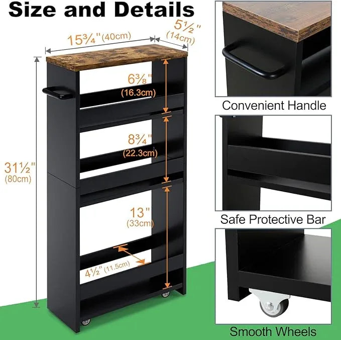 MARTY Rolling Storage Cart 4-Tier Black Kitchen Cart with Wheels, Slim Storage Cart with Handle Slide Out Utility Cart Shelving Unit Organizer Trolley for Laundry Narrow Places Bathroom Small Corner - ModernBath