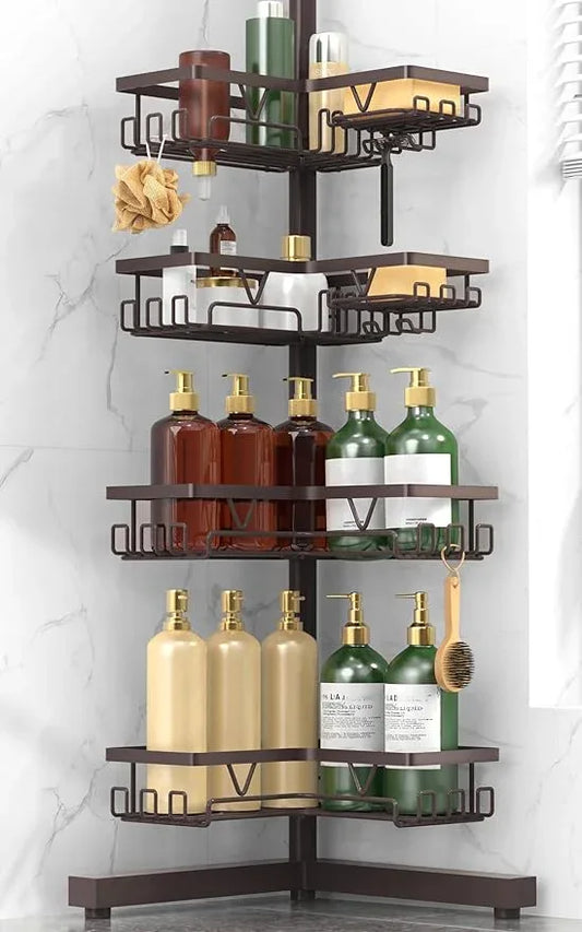 KEGII Floor Corner Shower Caddy Standing, Rustproof 4-Tier Shower Shelf Organizer with Hooks & Soap Holder, Free-Standing Bathroom Storage Rack for Shampoo & Toiletries, Bronze - ModernBath