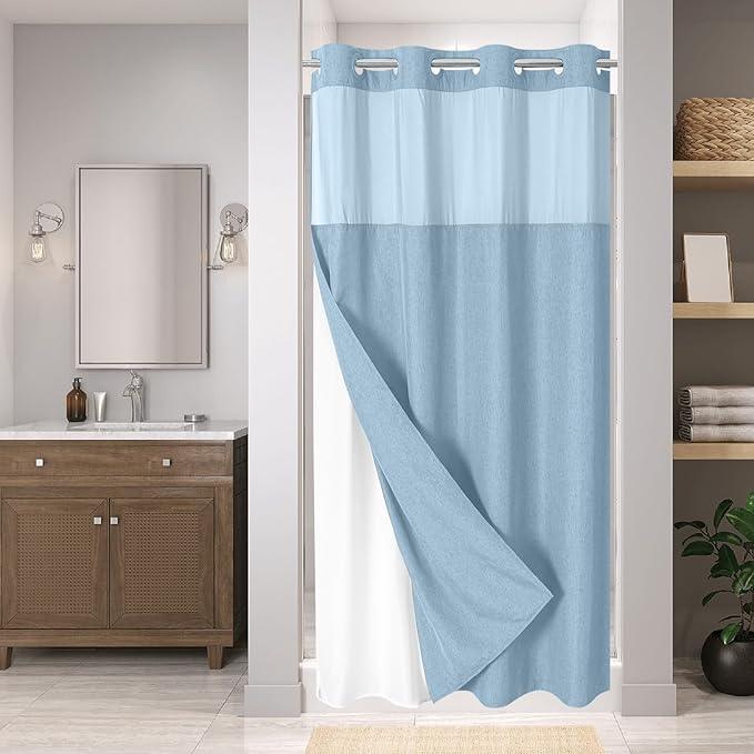 eachope Stall No Hooks Needed Linen Textured Shower Curtain with Snap-in Fabric Liner Set,Hotel Luxury Decor Farmhouse Shower Curtains for Bathroom,Waterproof & Washable,54Wx80H,Fog Blue - ModernBath