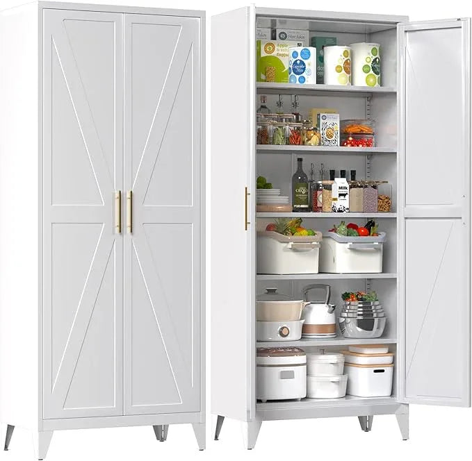 75" H Metal Pantry Cabinet, Kitchen Pantry Storage Cabinets with 5 Adjustable Shelves, for Home Office Bathroom, Required Assembly, White - ModernBath