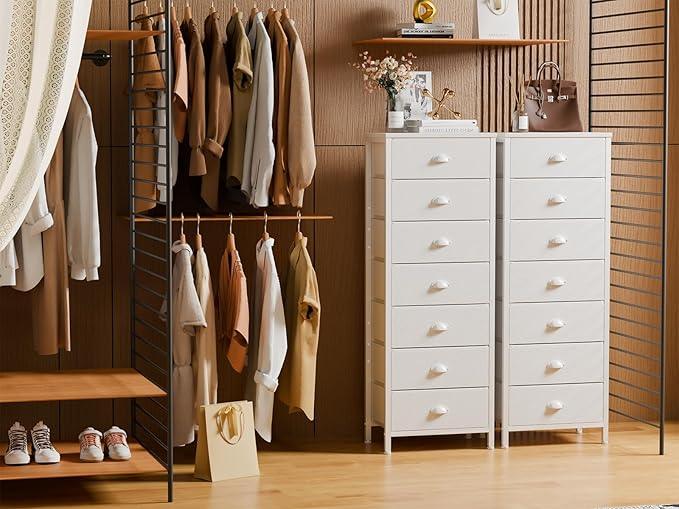 Furnulem White Tall Dresser for Bedroom with 7 Drawers, Vertical Chest of Drawer in Closet, Nightstand Storage Tower Unit Organizer with Fabric Bins for Dorm,Living Room,Entryway,Hallyway - ModernBath