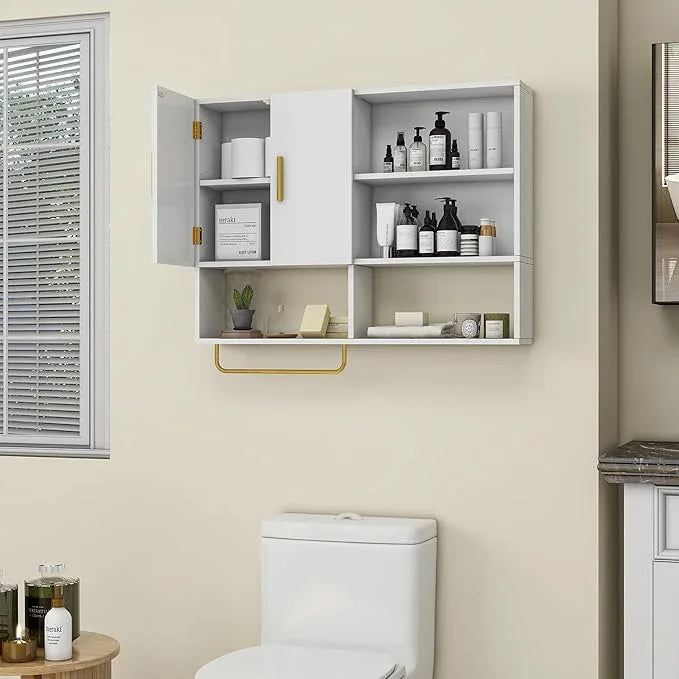 Bathroom Wall Cabinet Wood Large Wall Mounted Medicine Cabinet with 2 Doors and 4 Open Shelves Over Toilet Storage Cabinet Organizer with Towel Bar,White - ModernBath