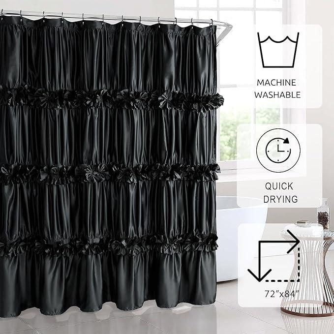 Homechoice Decor Black Ruffle Shower Curtain, Vintage Handcrafted Bow Tie Bath Curtain for Master Bathroom, Ruched Satin Bathroom Curtain with 12 Buttonholes, 72" W x 84" H (LQ-10) - ModernBath