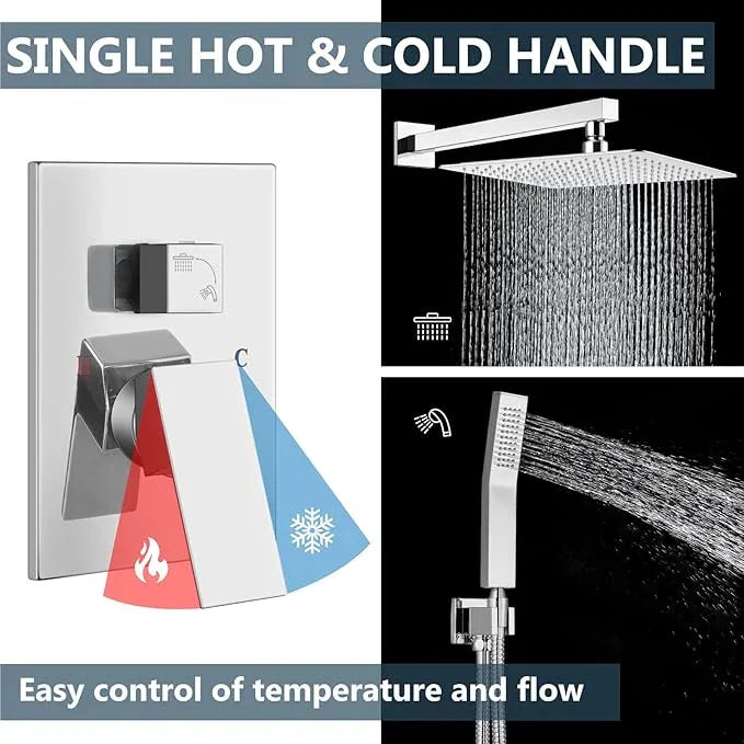 Aolemi Shower Faucet Set Rain Shower System with Handheld Spray Bathroom Shower Combo Rough-in Valve and Shower Trim Kit Included Polish Chrome 16 Inch Wall Mount Shower Head - ModernBath