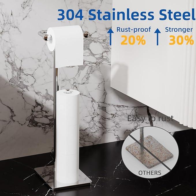RUACQ Toilet Paper Holder Stand, Bathroom Toilet Paper roll Holder Free Standing with Storage for 4 Rolls, Post Pivoting Design, Stable Weighted Base, SUS304 Stainless Steel(Chrome) - ModernBath