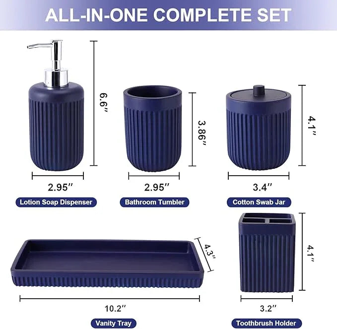 XLHOMO Resin Navy Blue Bathroom Accessories Set 5 Pcs, Lotion Soap Dispenser, Toothbrush Holder, Bathroom Tumbler, Qtip Holder and Vanity Tray, Bathroom Countertop Organizer Set for Modern Apartment - ModernBath