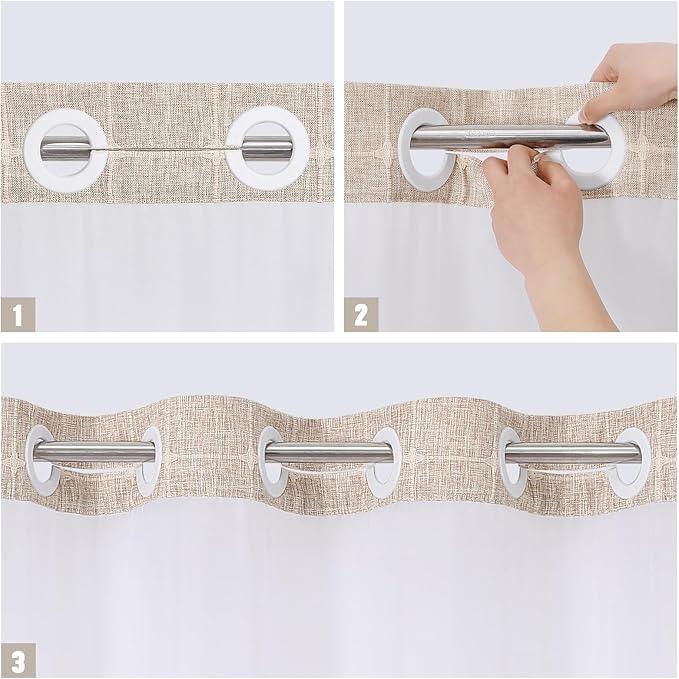 MitoVilla No Hooks Required Farmhouse Shower Curtain with Snap-in Liner - with Window & Magnets, Boho Cotton Linen Fabric Shower Curtains with Tassels for Rustic Bathroom Decor, Tan/Taupe, 72 x 74 - ModernBath