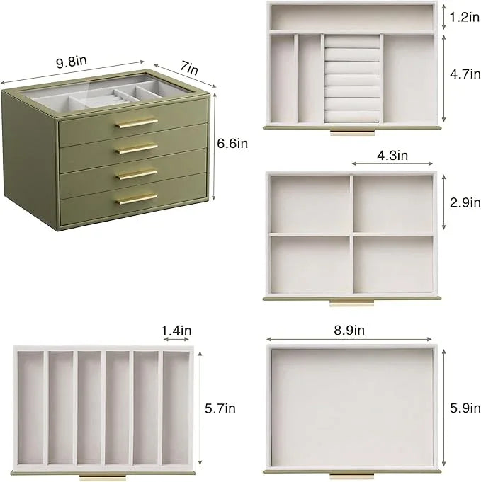 Jewelry Box Organizer Case for Women: 4-Layer Jewelry Storage Case with Glass Window, Olive Green Leather with Cream Velvet, Holder for Ring Necklace Bracelet Brooch Watch, Great Gift for Her - ModernBath