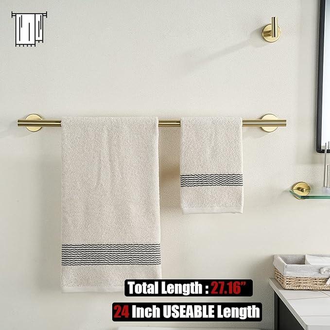 JQK Bath Towel Bar, 27 Inch Brushed Light Gold Towel Rack Bathroom, 304 Stainless Steel Thicken 0.8mm Towel Holder Wall Mount, Useable Length 24 Inch 2 Pack, TB110L24-BG-P2 - ModernBath