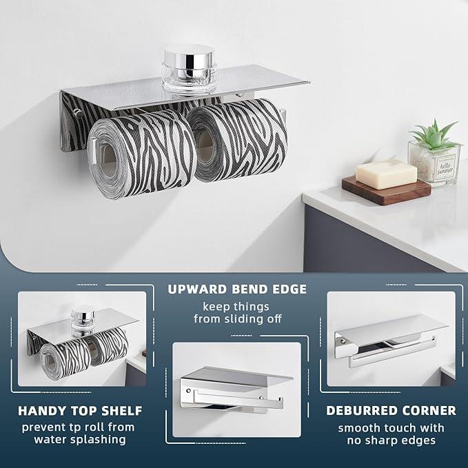 Angle Simple Double Toilet Paper Holder with Shelf Polished Chrome, 304 Stainless Steel Toilet Tissue Roll Holder Wall Mount - ModernBath