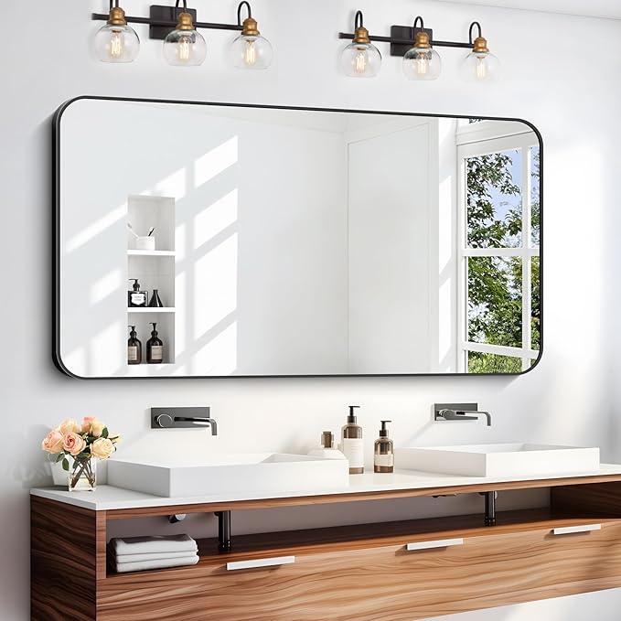 DESBING 24" x 48"Bathroom Mirror, Matte Black Wall Mirror with Metal Frame, Decorative Rectangular Vanity Mirror for Bedroom Bathroom Living Room Entryway (Horizontal/Vertical) - ModernBath