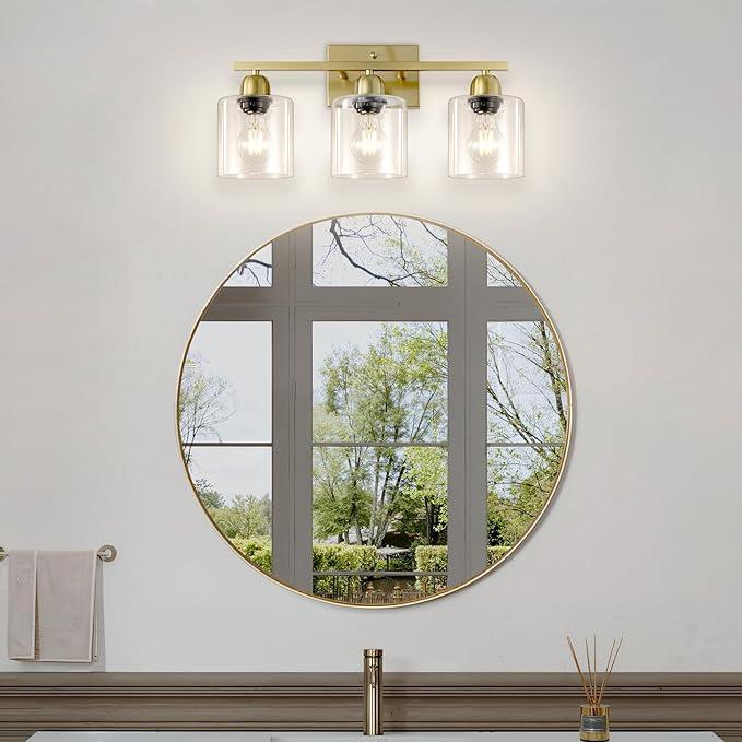FAISHILAN Modern Brushed Gold 3 Light Bathroom Light Fixtures, 19 inch Vanity Lights for Bathroom with Clear Glass, Bathroom Lighting Fixtures Over Mirror for Mirror Kitchen Living Room - ModernBath